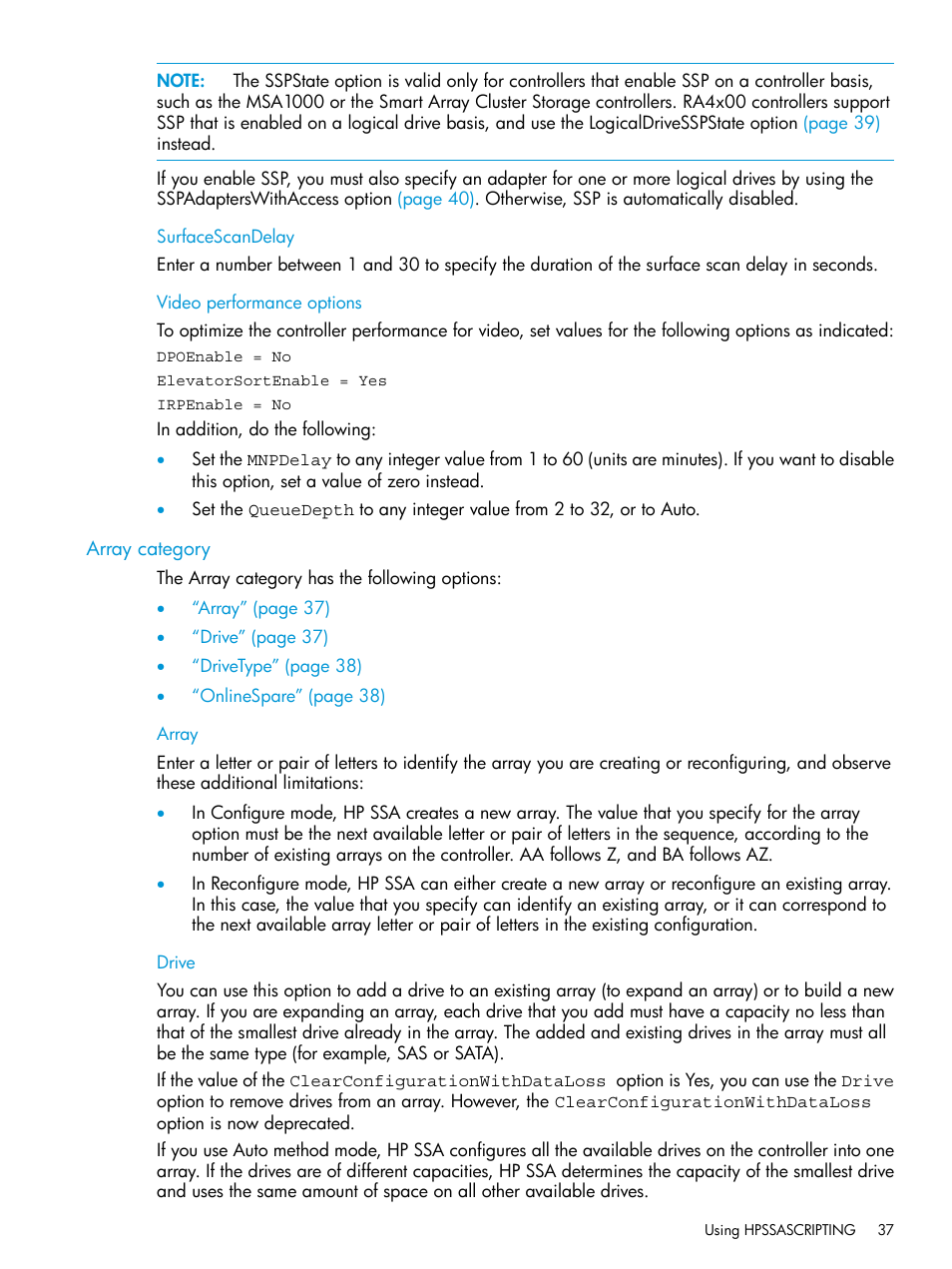 Surfacescandelay, Video performance options, Array category | Array, Drive, Surfacescandelay video performance options, Array drive | HP Scripting Toolkit for Windows 9.60 User Manual | Page 37 / 62