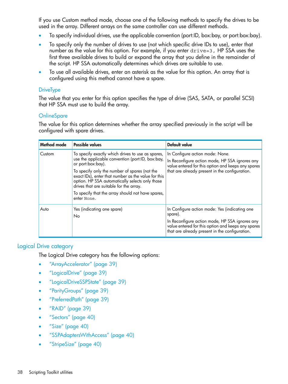 Drivetype, Onlinespare, Logical drive category | Drivetype onlinespare | HP Scripting Toolkit for Windows 9.60 User Manual | Page 38 / 62