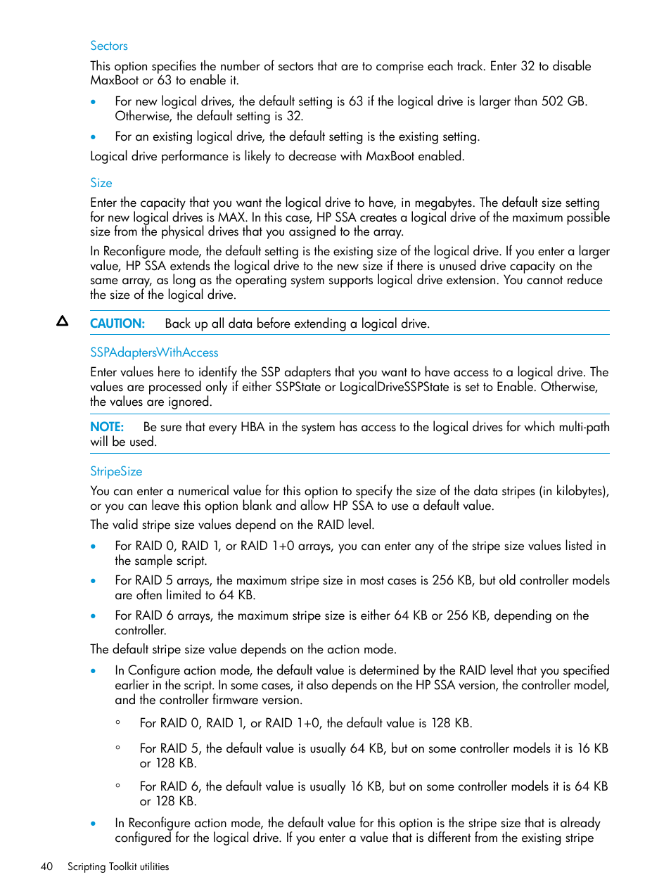 Sectors, Size, Sspadapterswithaccess | Stripesize, Sectors size sspadapterswithaccess stripesize | HP Scripting Toolkit for Windows 9.60 User Manual | Page 40 / 62