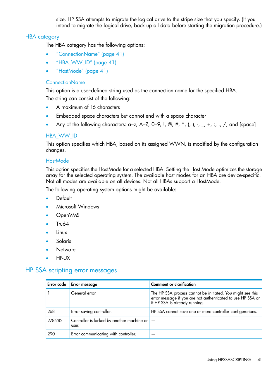 Hba category, Connectionname, Hba_ww_id | Hostmode, Hp ssa scripting error messages, Connectionname hba_ww_id hostmode | HP Scripting Toolkit for Windows 9.60 User Manual | Page 41 / 62