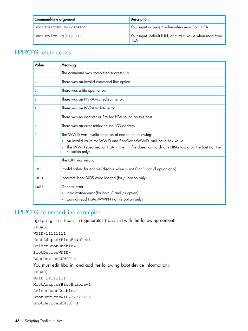 Hplpcfg return codes, Hplpcfg command-line examples, Hplpcfg return codes hplpcfg command-line examples | HP Scripting Toolkit for Windows 9.60 User Manual | Page 46 / 62