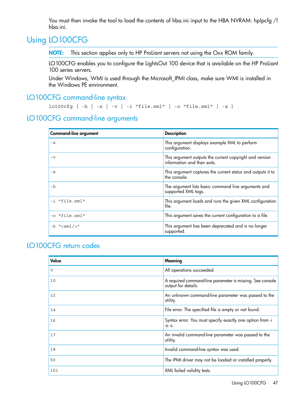 Using lo100cfg, Lo100cfg command-line syntax, Lo100cfg command-line arguments | Lo100cfg return codes | HP Scripting Toolkit for Windows 9.60 User Manual | Page 47 / 62