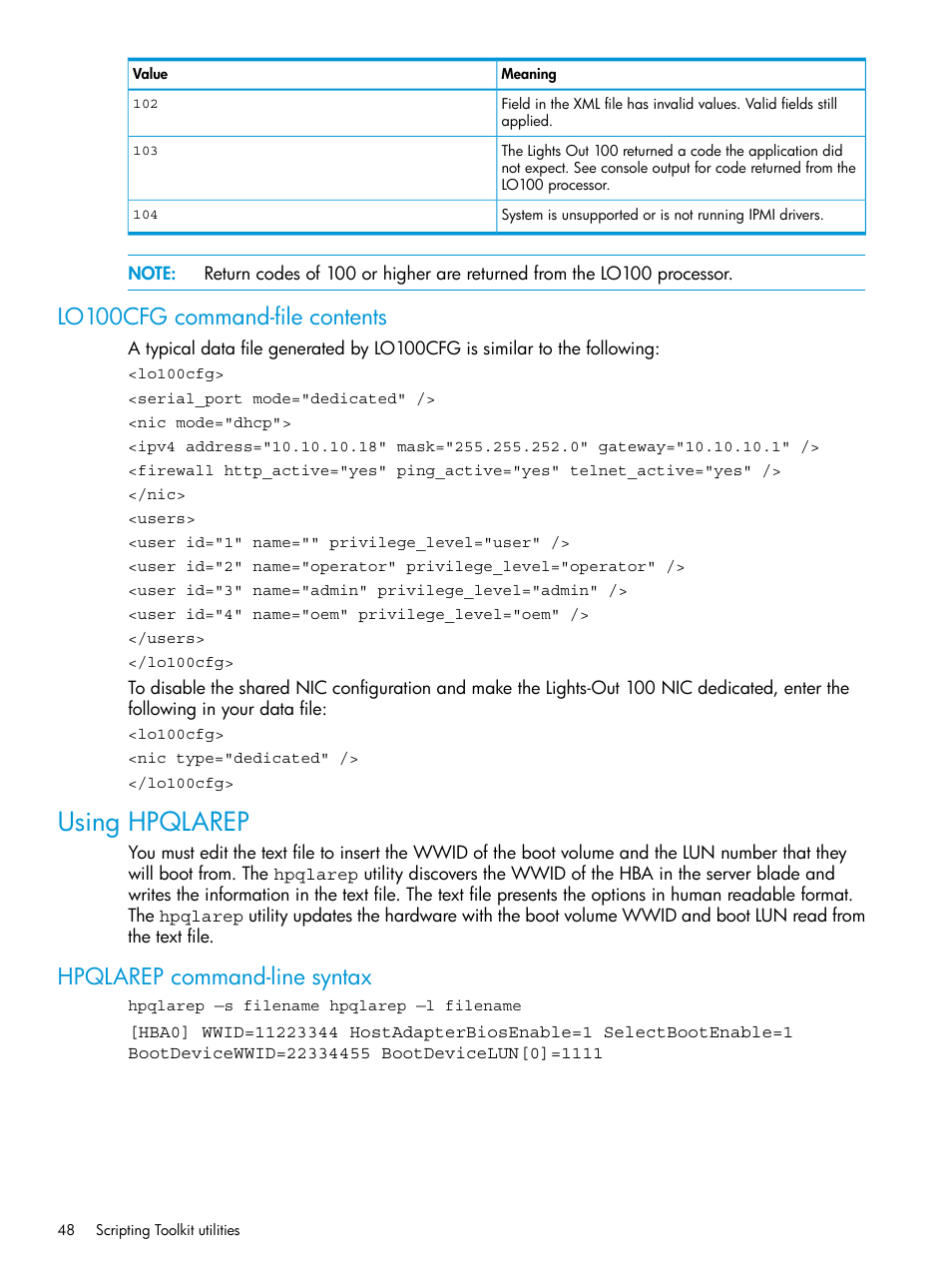 Lo100cfg command-file contents, Using hpqlarep, Hpqlarep command-line syntax | HP Scripting Toolkit for Windows 9.60 User Manual | Page 48 / 62