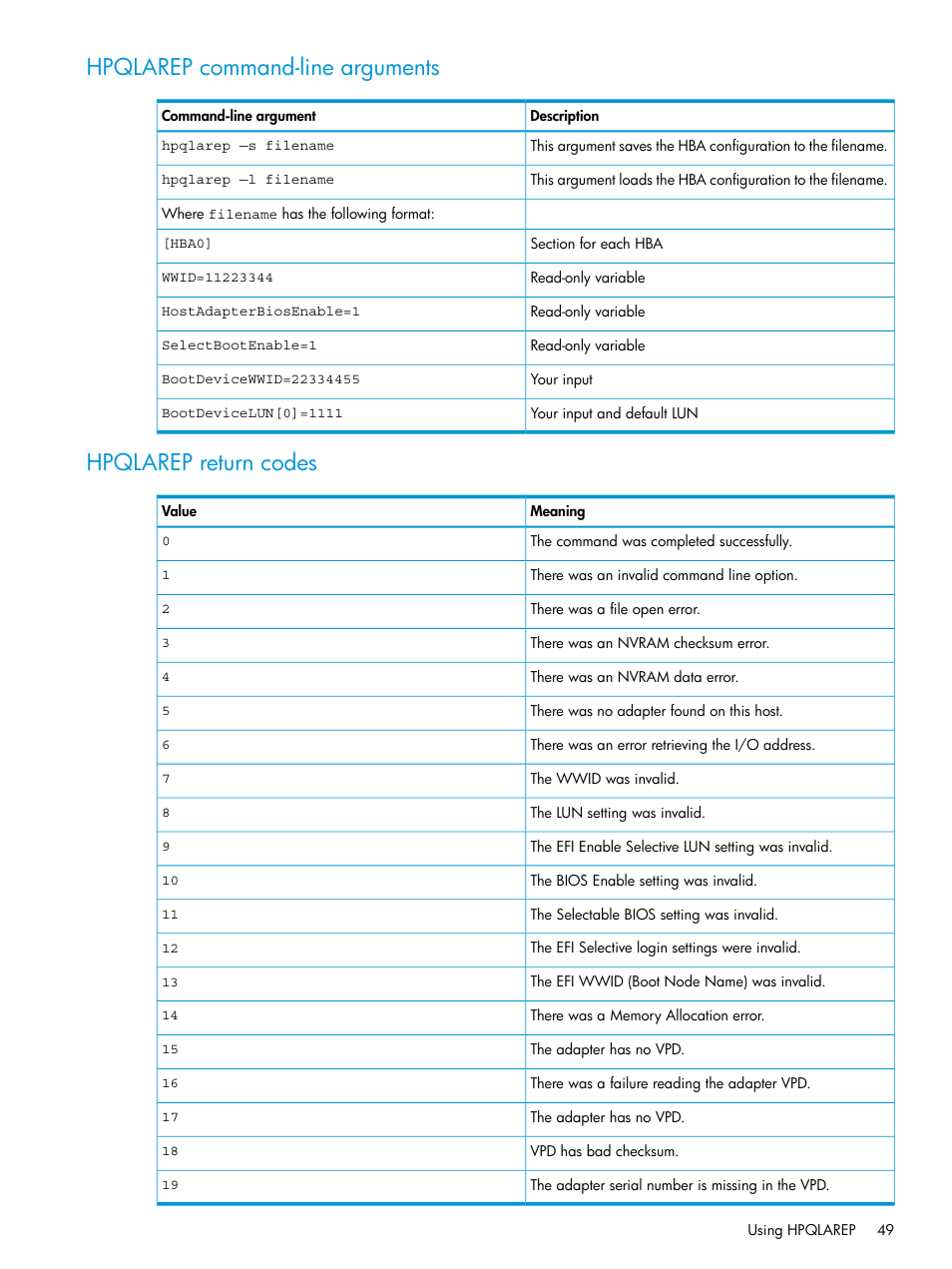 Hpqlarep command-line arguments, Hpqlarep return codes | HP Scripting Toolkit for Windows 9.60 User Manual | Page 49 / 62