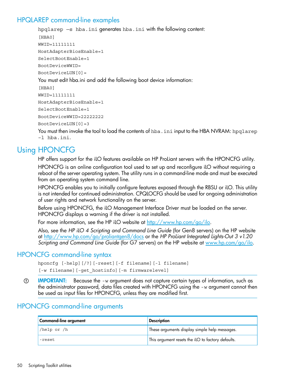 Hpqlarep command-line examples, Using hponcfg, Hponcfg command-line syntax | Hponcfg command-line arguments | HP Scripting Toolkit for Windows 9.60 User Manual | Page 50 / 62