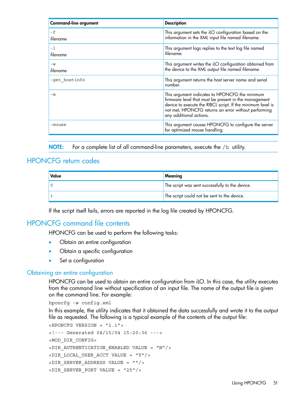 Hponcfg return codes, Hponcfg command file contents, Obtaining an entire configuration | Hponcfg return codes hponcfg command file contents | HP Scripting Toolkit for Windows 9.60 User Manual | Page 51 / 62