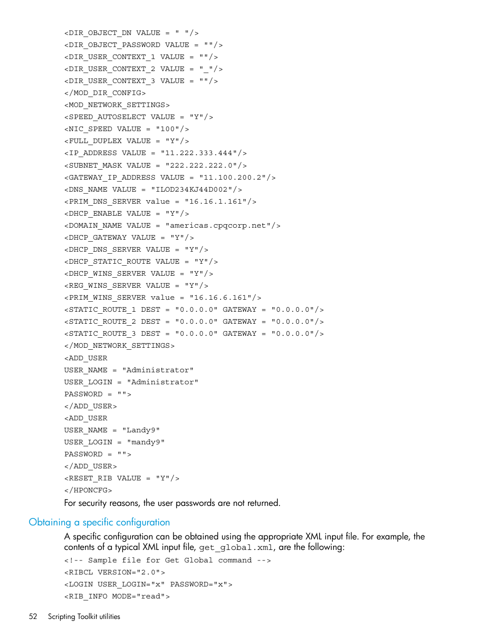 Obtaining a specific configuration | HP Scripting Toolkit for Windows 9.60 User Manual | Page 52 / 62