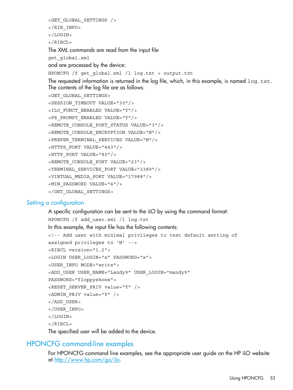 Setting a configuration, Hponcfg command-line examples | HP Scripting Toolkit for Windows 9.60 User Manual | Page 53 / 62