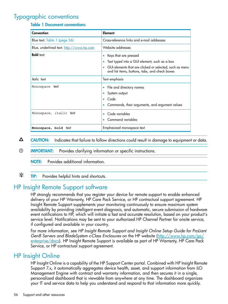 Typographic conventions, Hp insight remote support software, Hp insight online | HP Scripting Toolkit for Windows 9.60 User Manual | Page 56 / 62