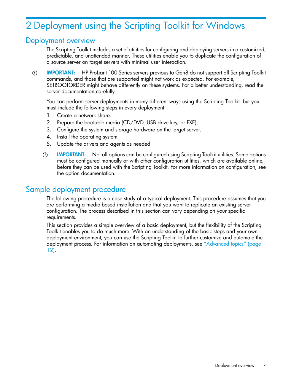 Deployment overview, Sample deployment procedure, Deployment overview sample deployment procedure | HP Scripting Toolkit for Windows 9.60 User Manual | Page 7 / 62