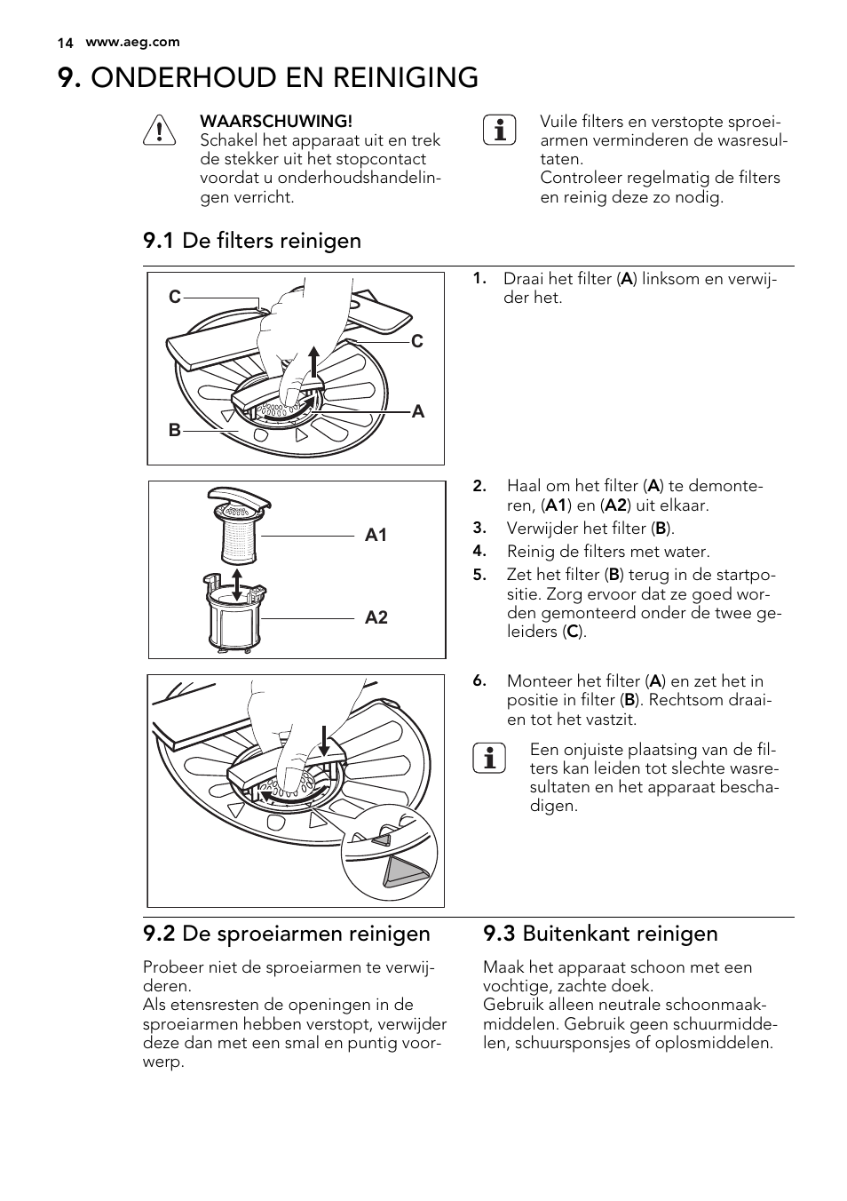 Onderhoud en reiniging, 1 de filters reinigen, 2 de sproeiarmen reinigen | 3 buitenkant reinigen | AEG F65060VI1P User Manual | Page 14 / 68