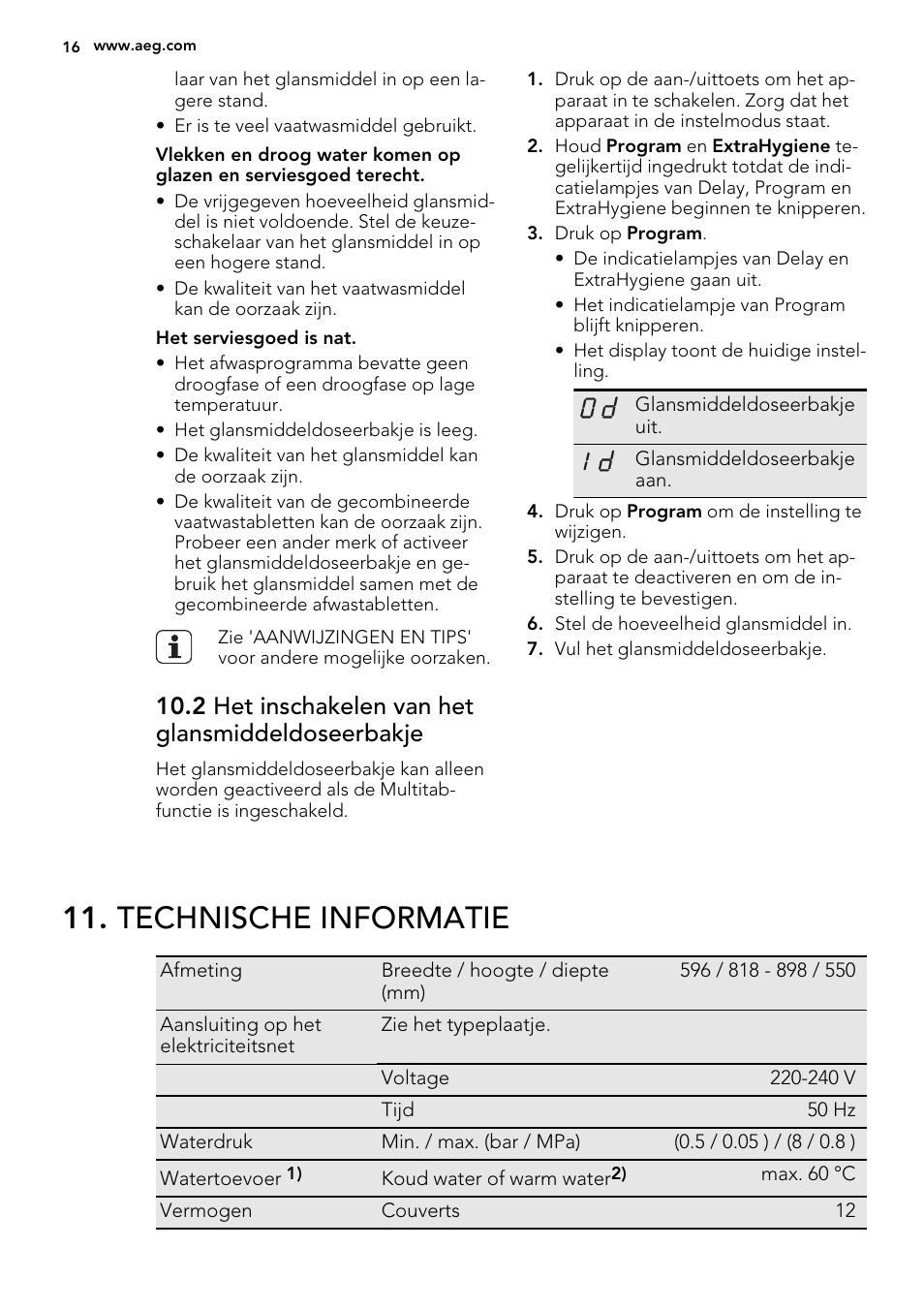 Technische informatie, 2 het inschakelen van het glansmiddeldoseerbakje | AEG F65060VI1P User Manual | Page 16 / 68