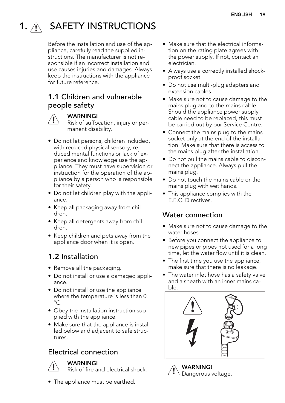 Safety instructions, 1 children and vulnerable people safety, 2 installation | Electrical connection, Water connection | AEG F65060VI1P User Manual | Page 19 / 68