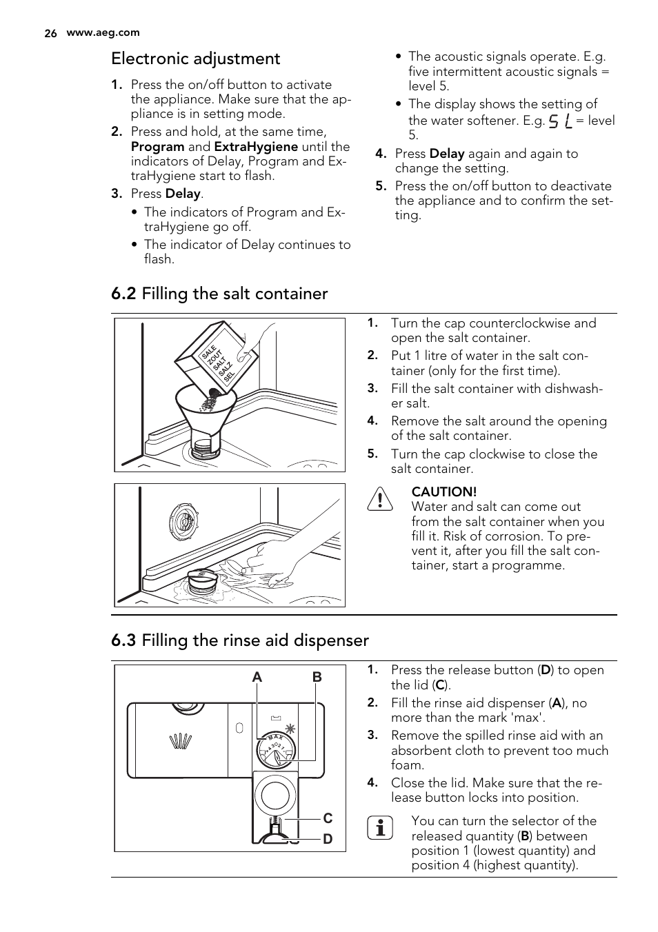 Electronic adjustment, 2 filling the salt container, 3 filling the rinse aid dispenser | AEG F65060VI1P User Manual | Page 26 / 68