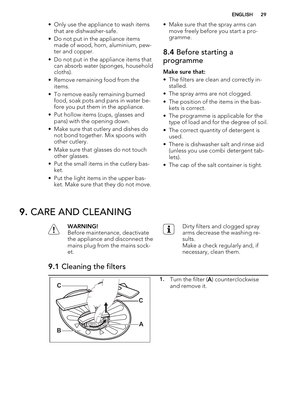 Care and cleaning, 4 before starting a programme, 1 cleaning the filters | AEG F65060VI1P User Manual | Page 29 / 68