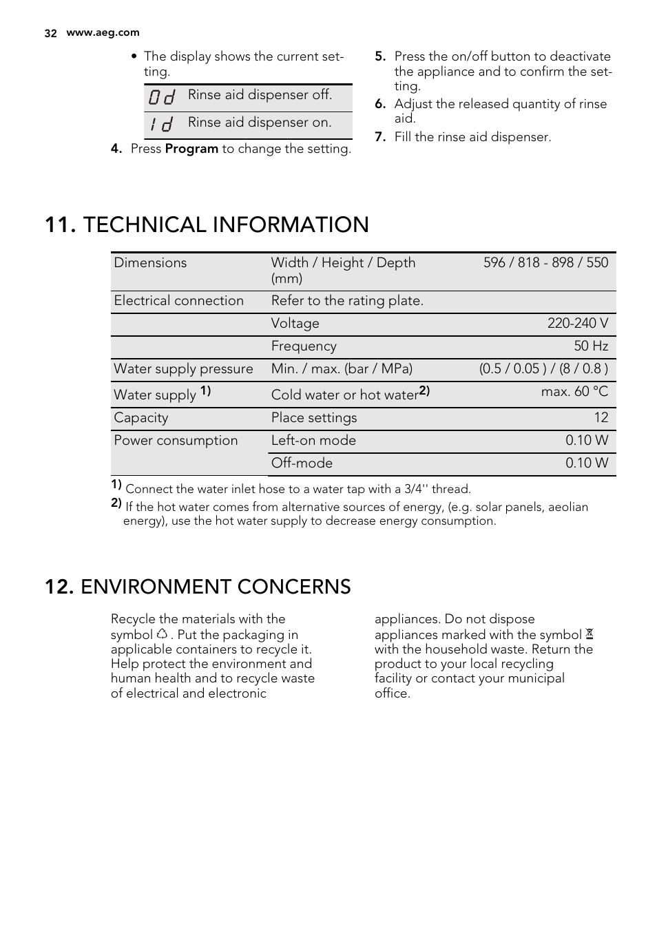 Technical information, Environment concerns | AEG F65060VI1P User Manual | Page 32 / 68