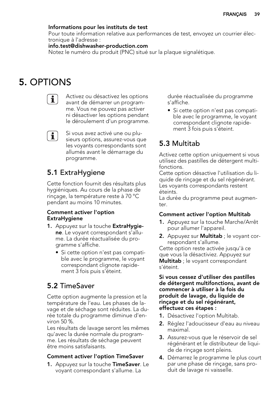 Options, 1 extrahygiene, 2 timesaver | 3 multitab | AEG F65060VI1P User Manual | Page 39 / 68