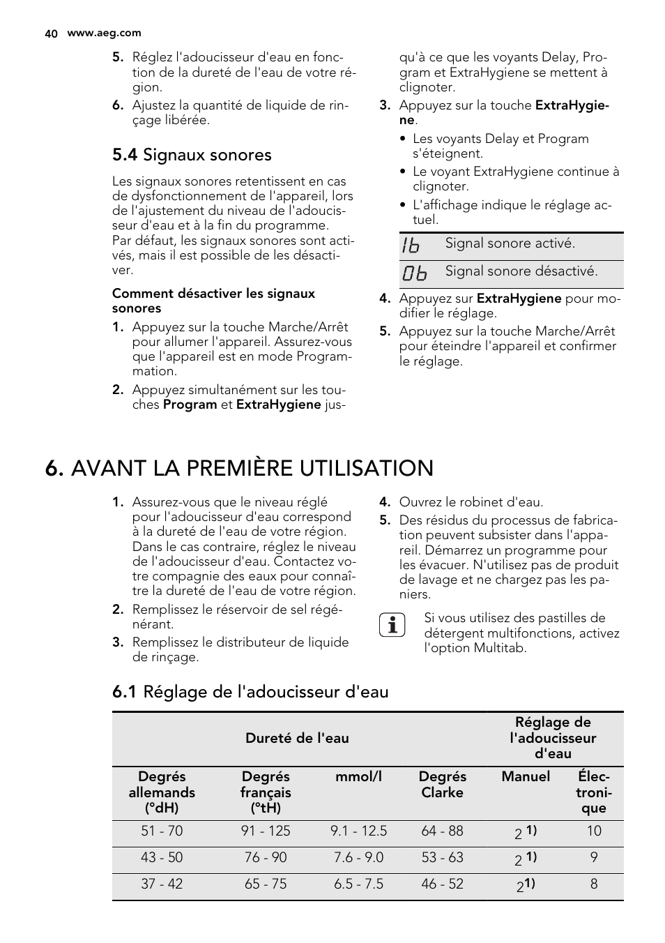 Avant la première utilisation, 4 signaux sonores, 1 réglage de l'adoucisseur d'eau | AEG F65060VI1P User Manual | Page 40 / 68