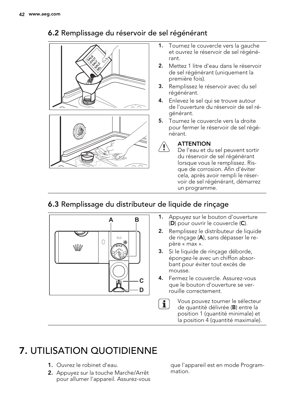 Utilisation quotidienne, 2 remplissage du réservoir de sel régénérant | AEG F65060VI1P User Manual | Page 42 / 68