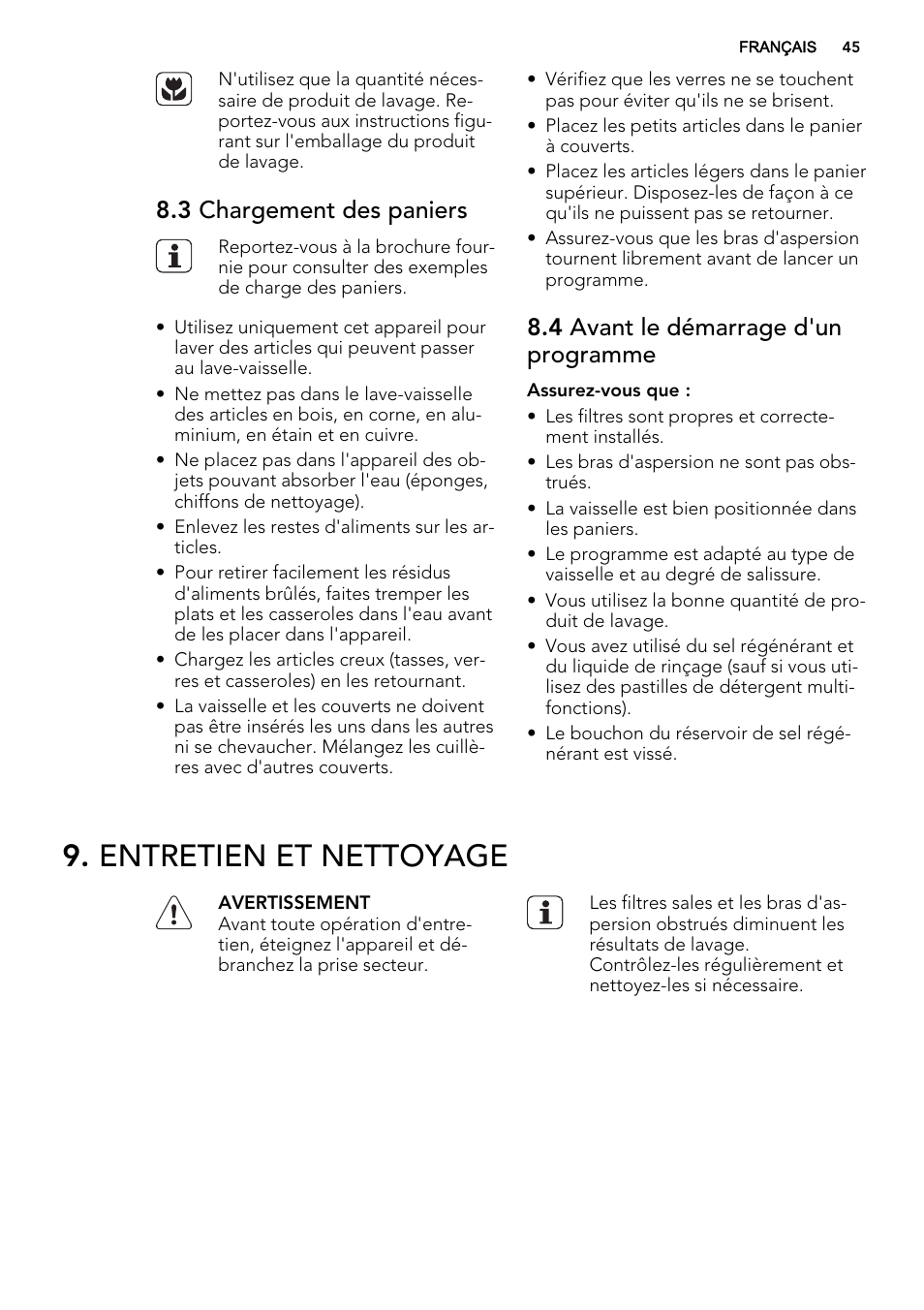 Entretien et nettoyage, 3 chargement des paniers, 4 avant le démarrage d'un programme | AEG F65060VI1P User Manual | Page 45 / 68