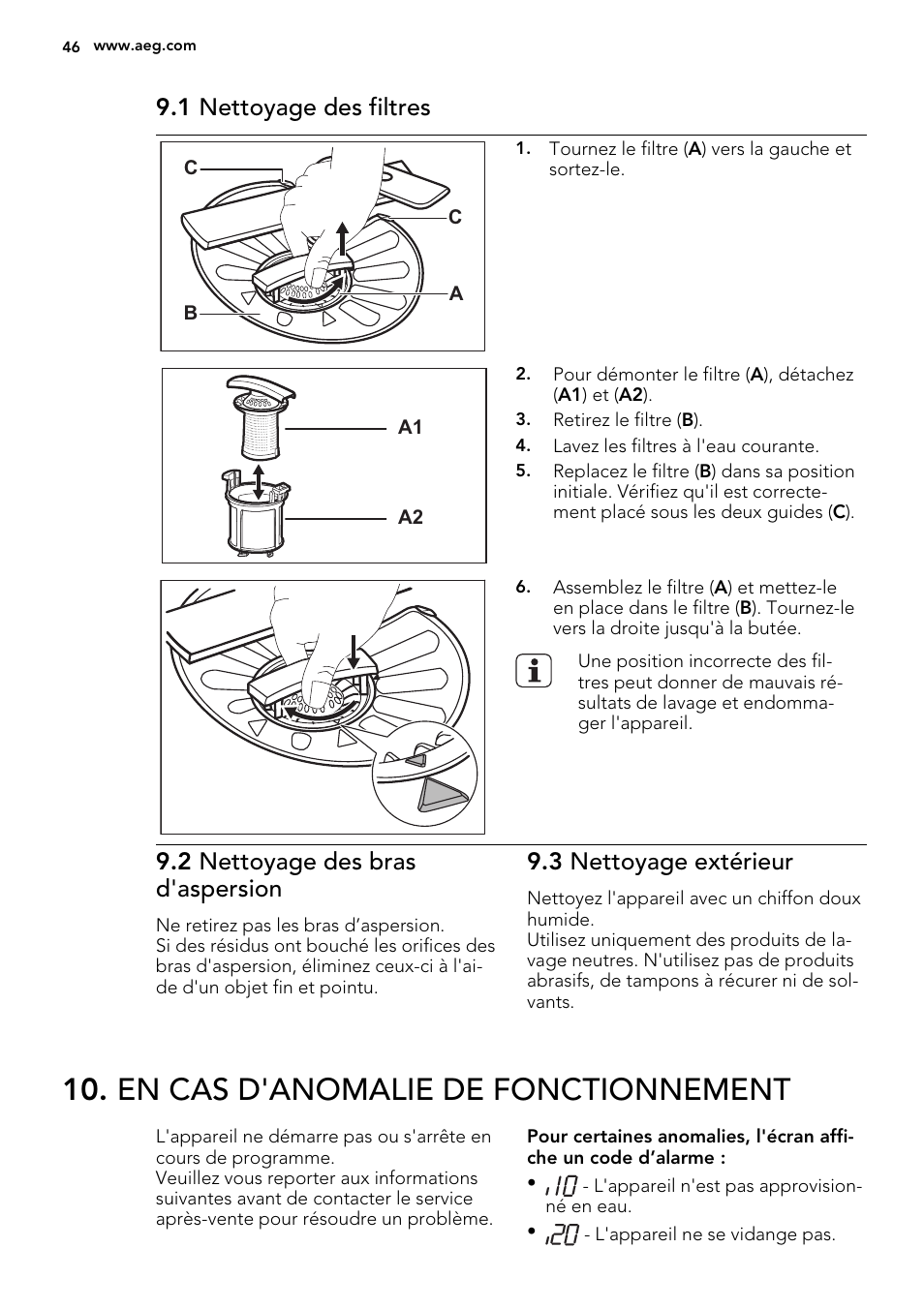 En cas d'anomalie de fonctionnement, 1 nettoyage des filtres, 2 nettoyage des bras d'aspersion | 3 nettoyage extérieur | AEG F65060VI1P User Manual | Page 46 / 68