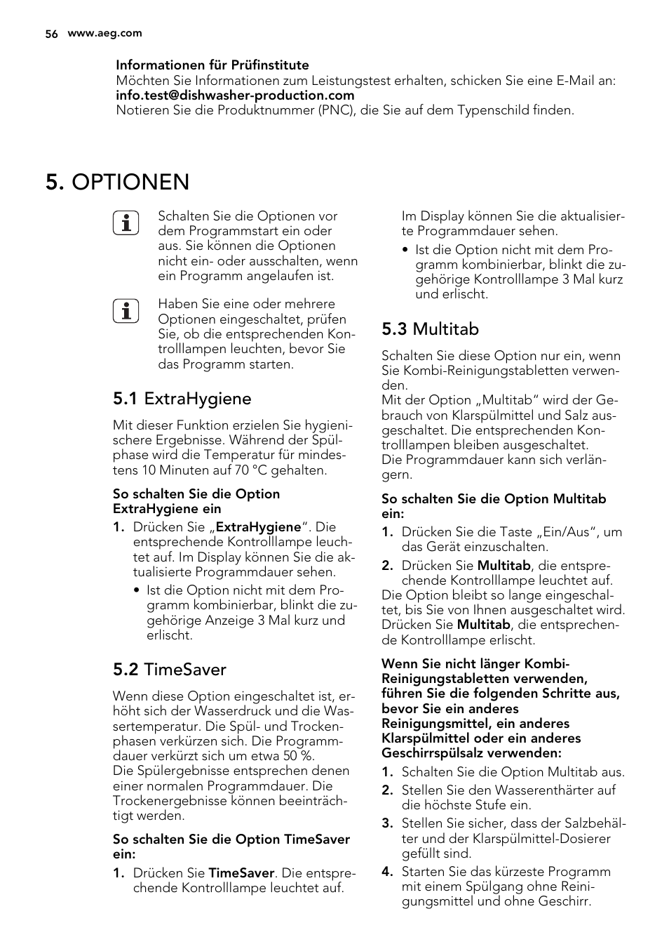 Optionen, 1 extrahygiene, 2 timesaver | 3 multitab | AEG F65060VI1P User Manual | Page 56 / 68