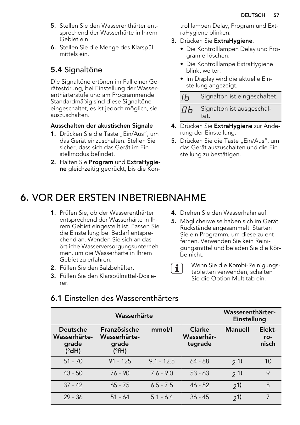 Vor der ersten inbetriebnahme, 4 signaltöne, 1 einstellen des wasserenthärters | AEG F65060VI1P User Manual | Page 57 / 68