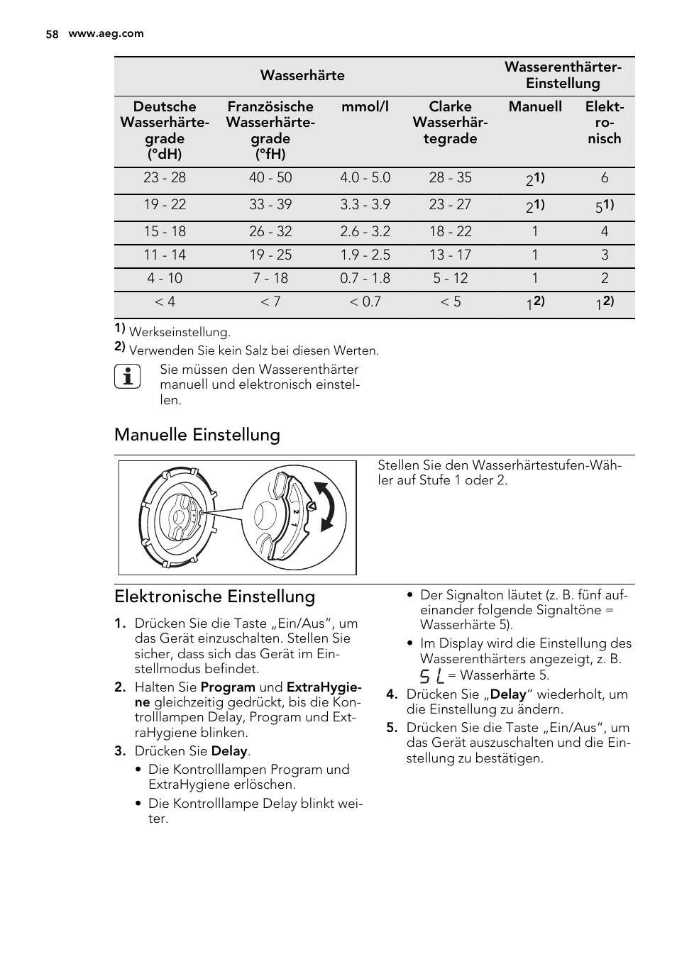 Manuelle einstellung, Elektronische einstellung | AEG F65060VI1P User Manual | Page 58 / 68