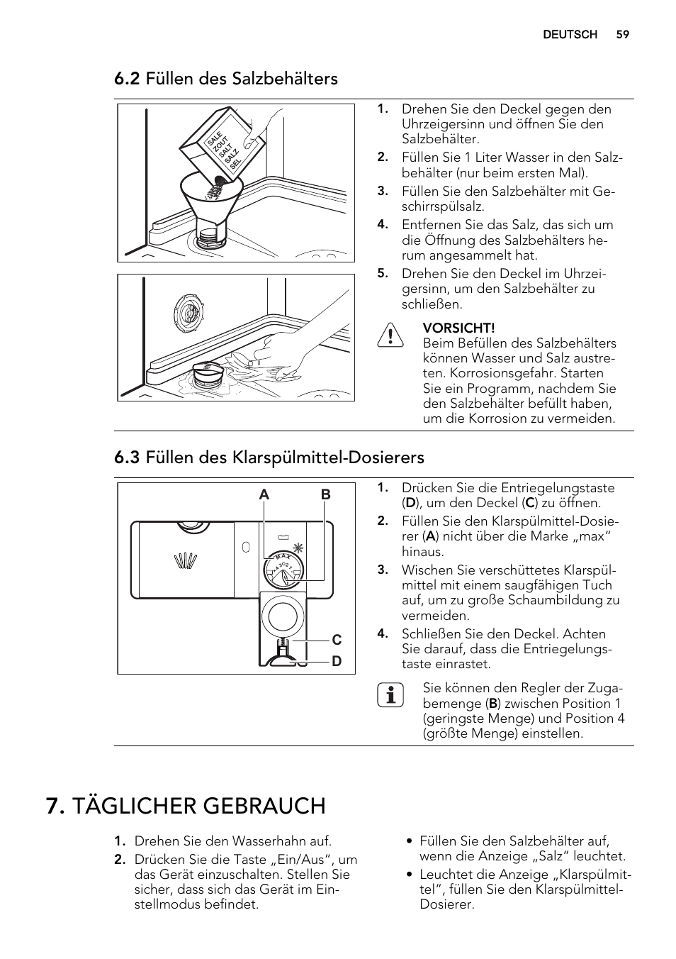 Täglicher gebrauch, 2 füllen des salzbehälters, 3 füllen des klarspülmittel-dosierers | AEG F65060VI1P User Manual | Page 59 / 68