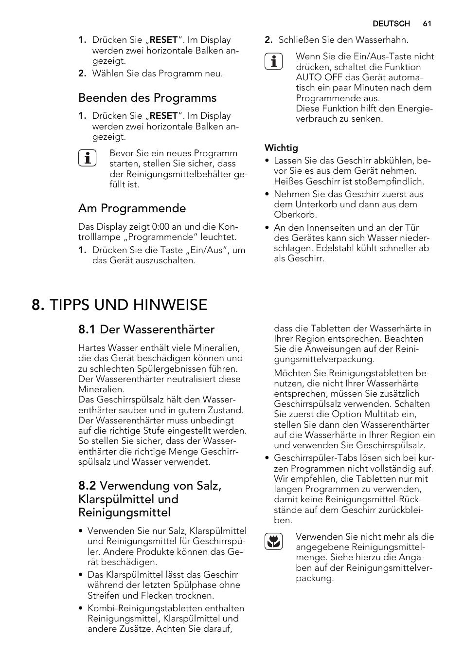 Tipps und hinweise, Beenden des programms, Am programmende | 1 der wasserenthärter | AEG F65060VI1P User Manual | Page 61 / 68