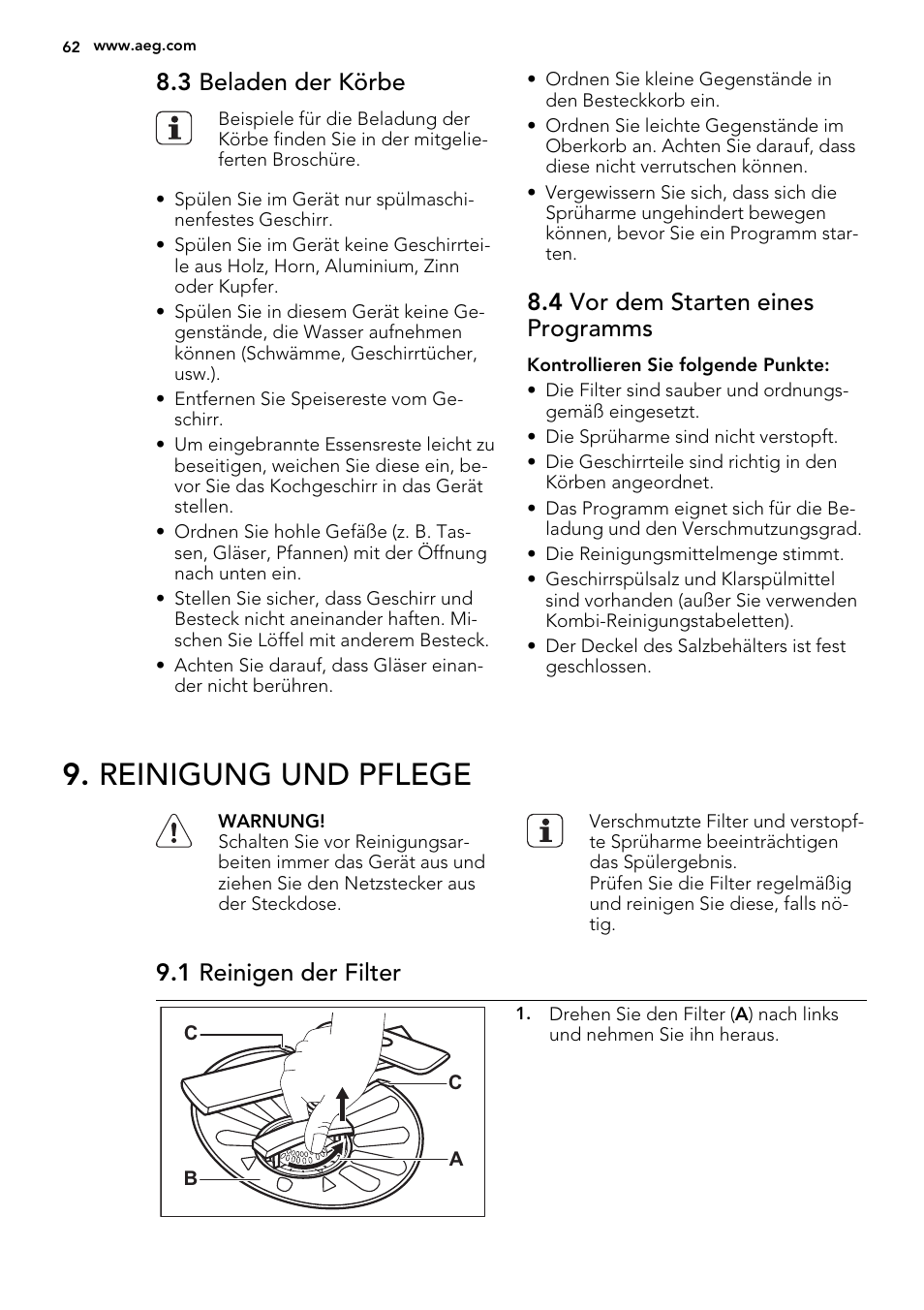 Reinigung und pflege, 3 beladen der körbe, 4 vor dem starten eines programms | 1 reinigen der filter | AEG F65060VI1P User Manual | Page 62 / 68