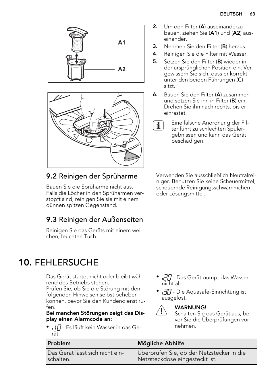 Fehlersuche, 2 reinigen der sprüharme, 3 reinigen der außenseiten | AEG F65060VI1P User Manual | Page 63 / 68