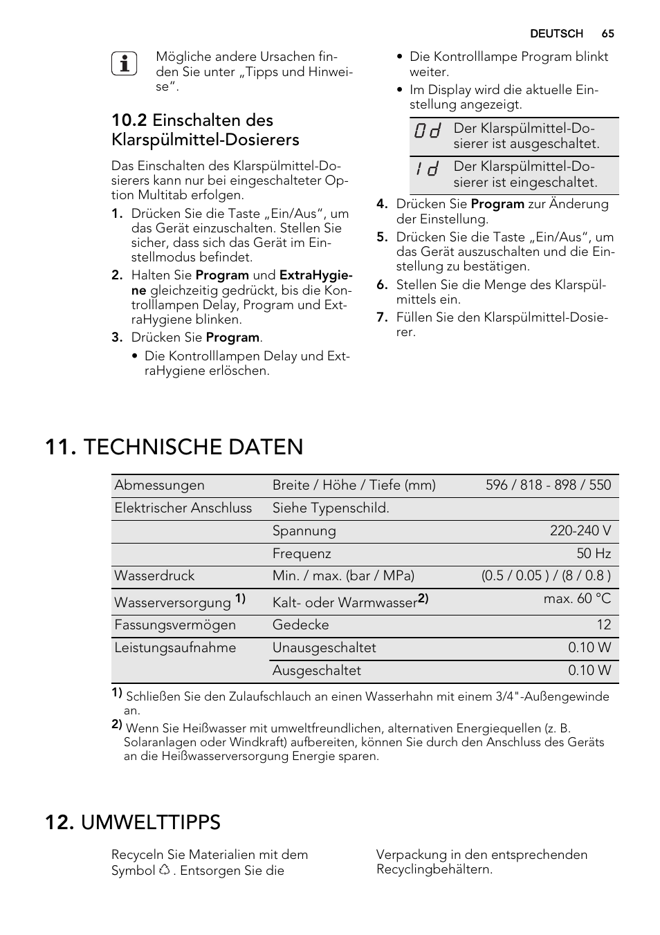 Technische daten, Umwelttipps, 2 einschalten des klarspülmittel-dosierers | AEG F65060VI1P User Manual | Page 65 / 68