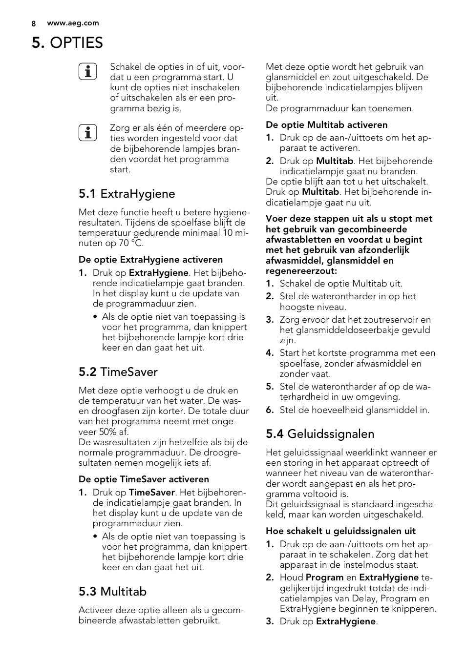 Opties, 1 extrahygiene, 2 timesaver | 3 multitab, 4 geluidssignalen | AEG F65060VI1P User Manual | Page 8 / 68