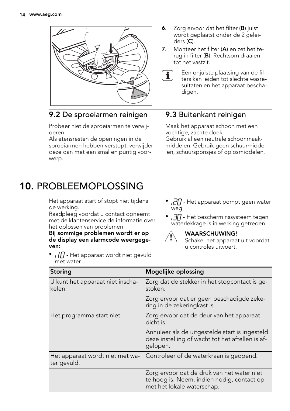 Probleemoplossing, 2 de sproeiarmen reinigen, 3 buitenkant reinigen | AEG F55002VI0P User Manual | Page 14 / 64