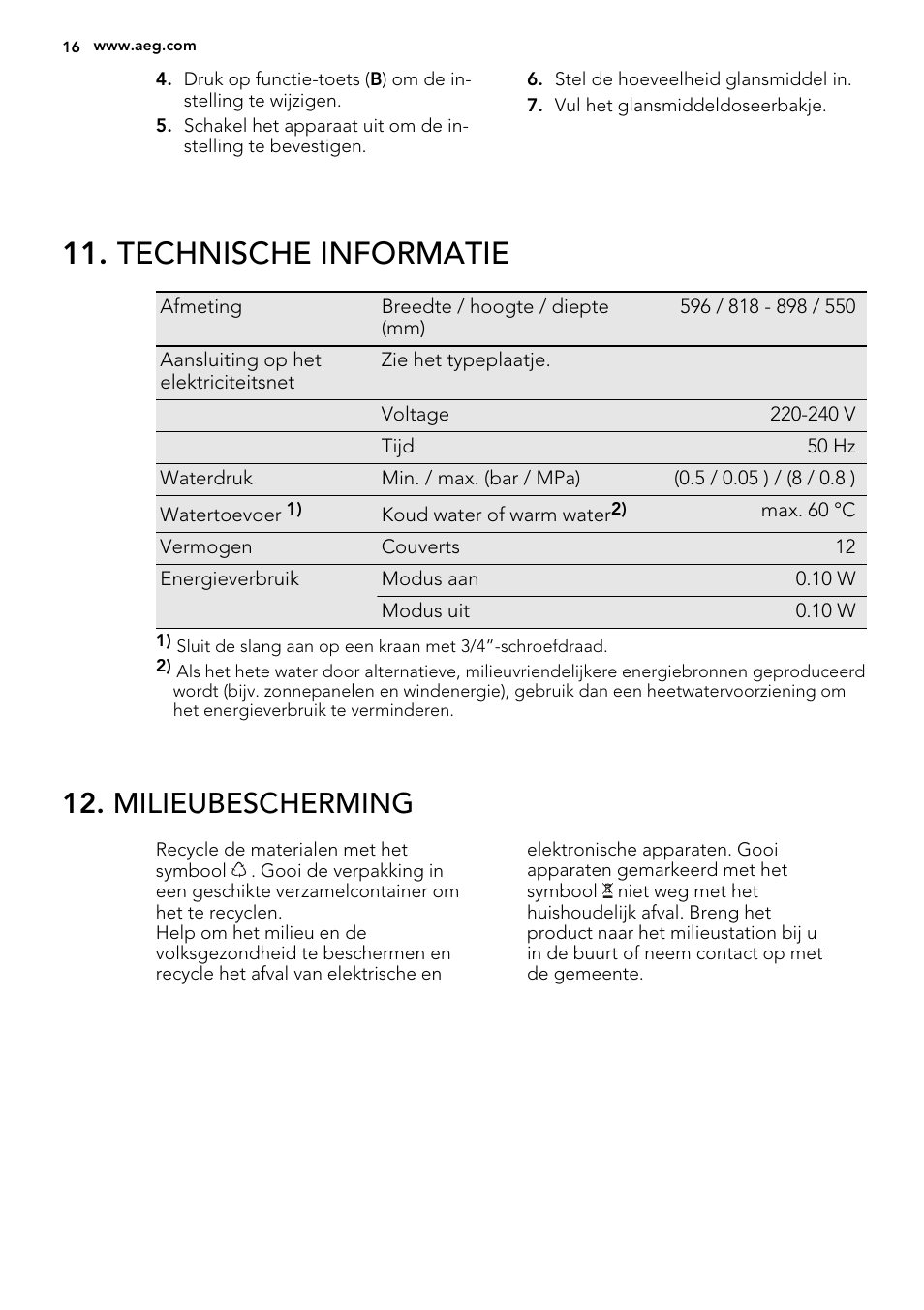 Technische informatie, Milieubescherming | AEG F55002VI0P User Manual | Page 16 / 64