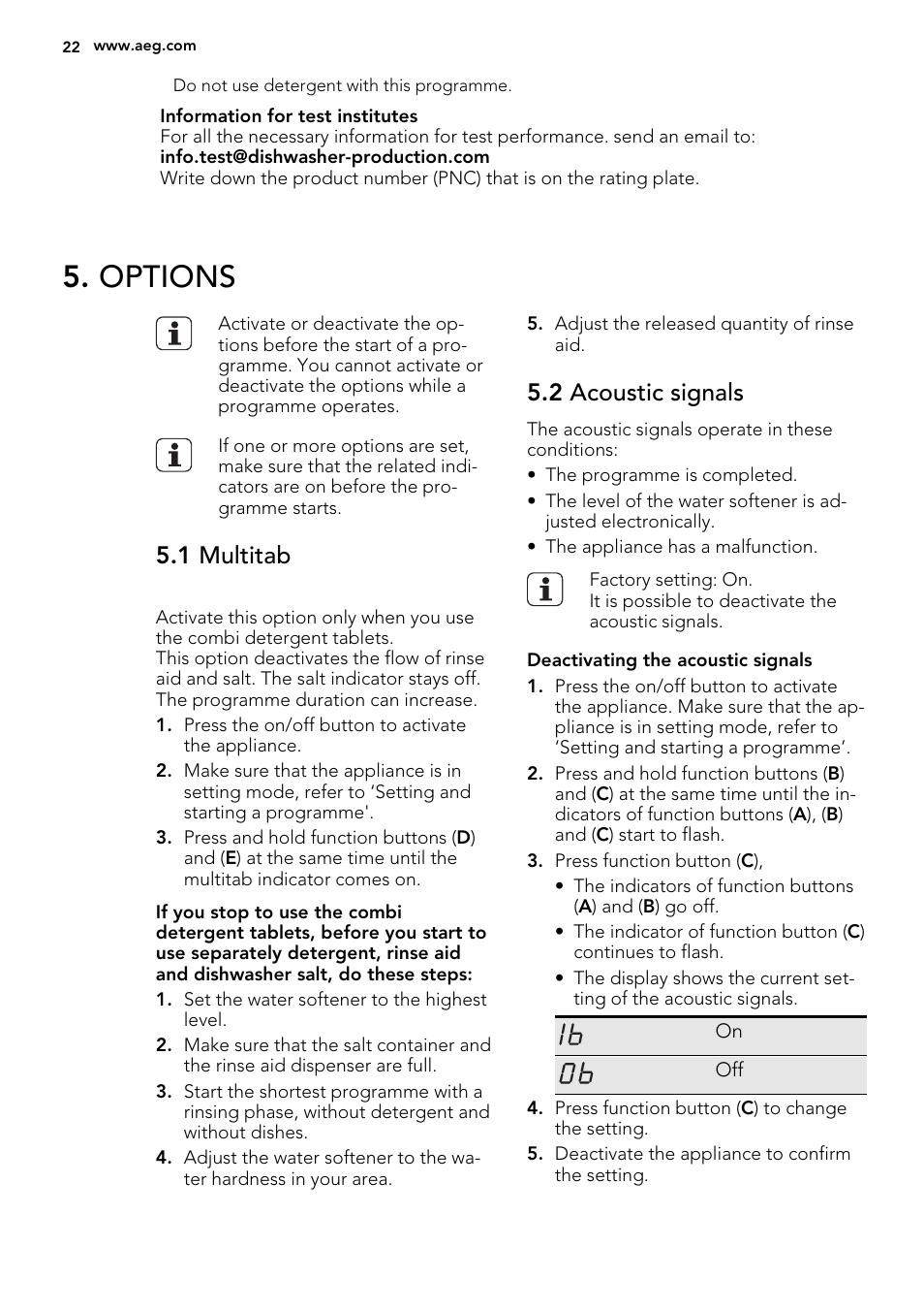 Options, 1 multitab, 2 acoustic signals | AEG F55002VI0P User Manual | Page 22 / 64