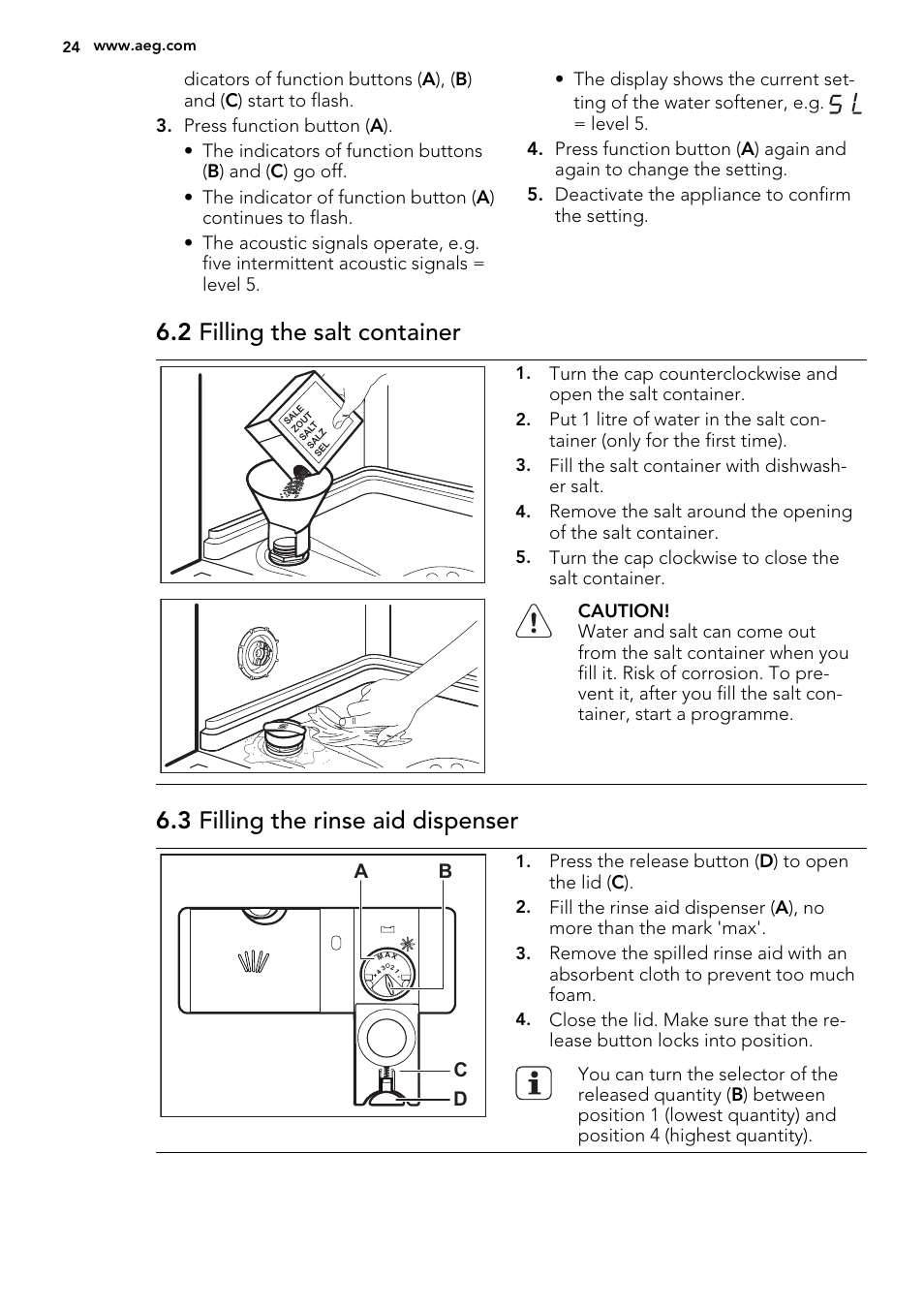 2 filling the salt container, 3 filling the rinse aid dispenser | AEG F55002VI0P User Manual | Page 24 / 64