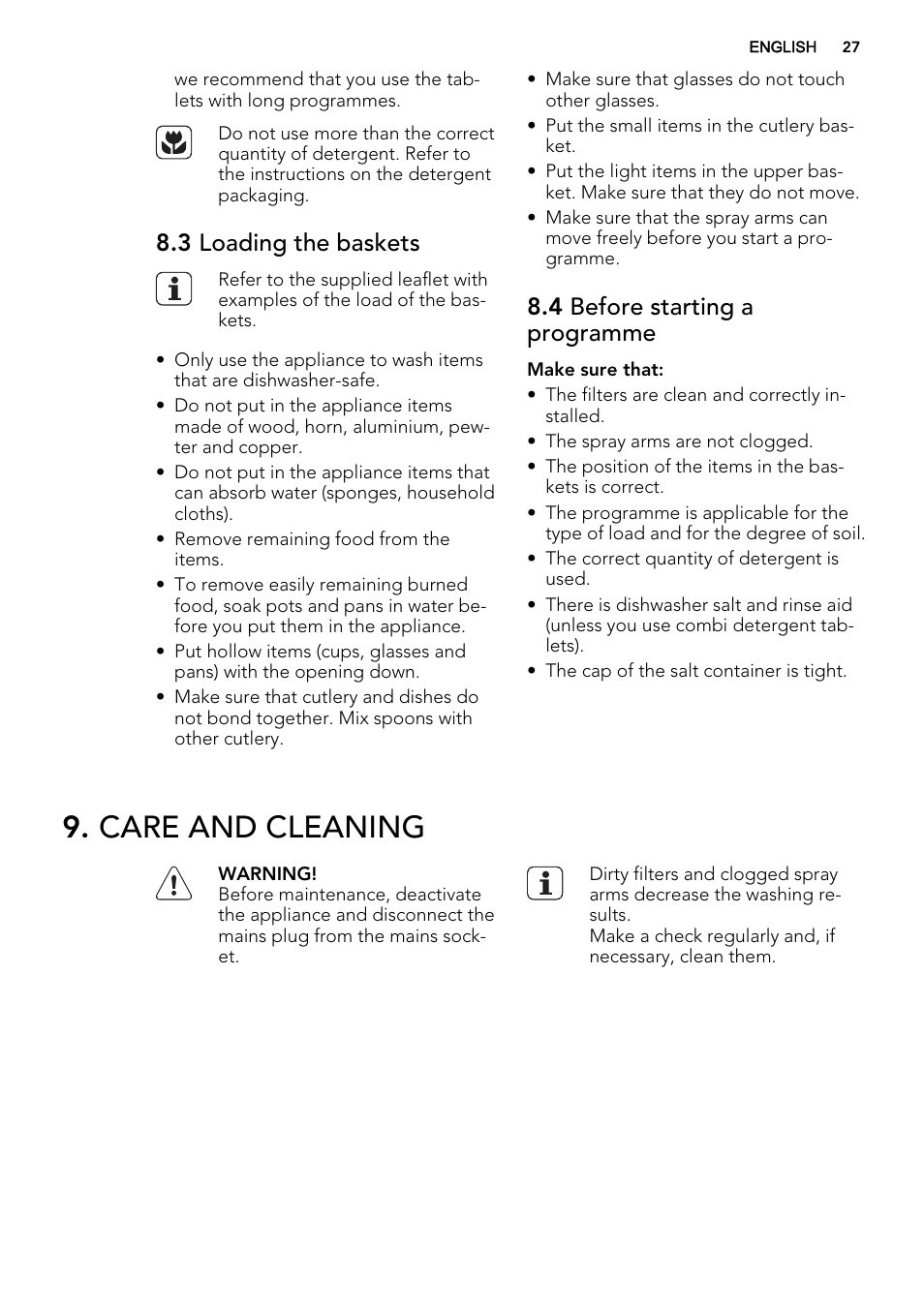 Care and cleaning, 3 loading the baskets, 4 before starting a programme | AEG F55002VI0P User Manual | Page 27 / 64