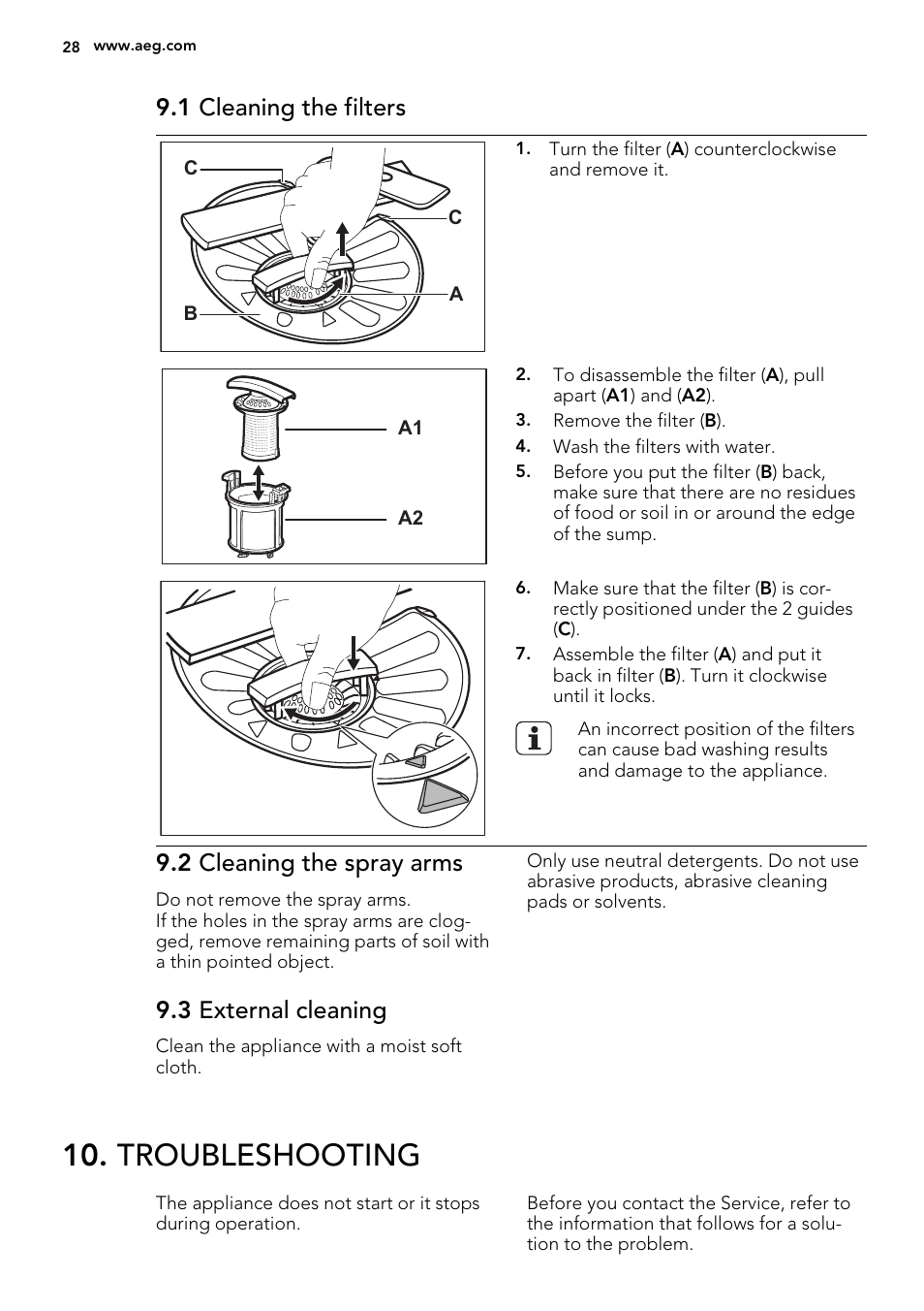 Troubleshooting, 1 cleaning the filters, 2 cleaning the spray arms | 3 external cleaning | AEG F55002VI0P User Manual | Page 28 / 64