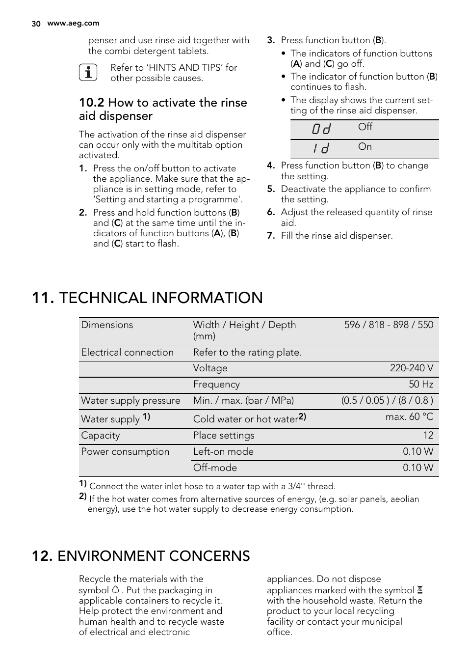 Technical information, Environment concerns, 2 how to activate the rinse aid dispenser | AEG F55002VI0P User Manual | Page 30 / 64