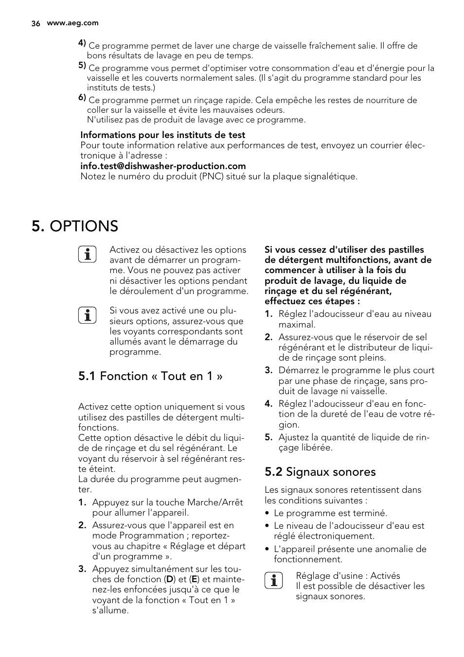 Options, 1 fonction « tout en 1, 2 signaux sonores | AEG F55002VI0P User Manual | Page 36 / 64