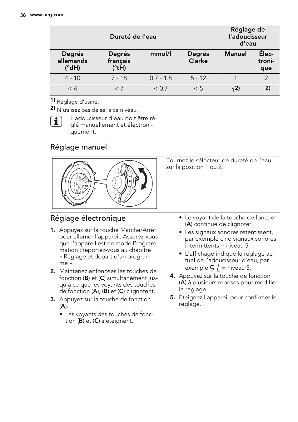 Réglage manuel, Réglage électronique | AEG F55002VI0P User Manual | Page 38 / 64