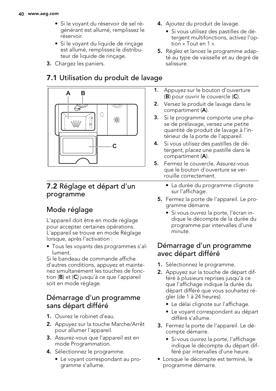 1 utilisation du produit de lavage, 2 réglage et départ d'un programme mode réglage, Démarrage d'un programme sans départ différé | Démarrage d'un programme avec départ différé | AEG F55002VI0P User Manual | Page 40 / 64