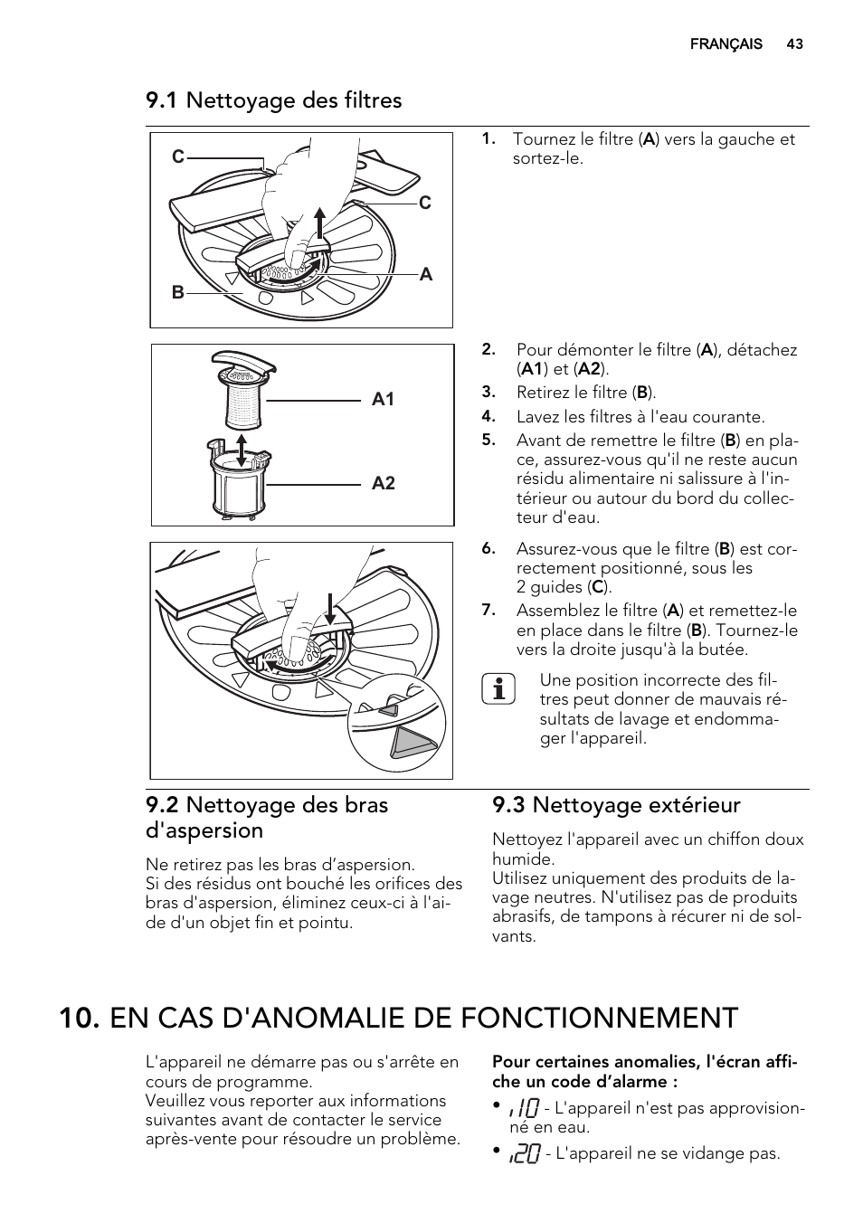 En cas d'anomalie de fonctionnement, 1 nettoyage des filtres, 2 nettoyage des bras d'aspersion | 3 nettoyage extérieur | AEG F55002VI0P User Manual | Page 43 / 64
