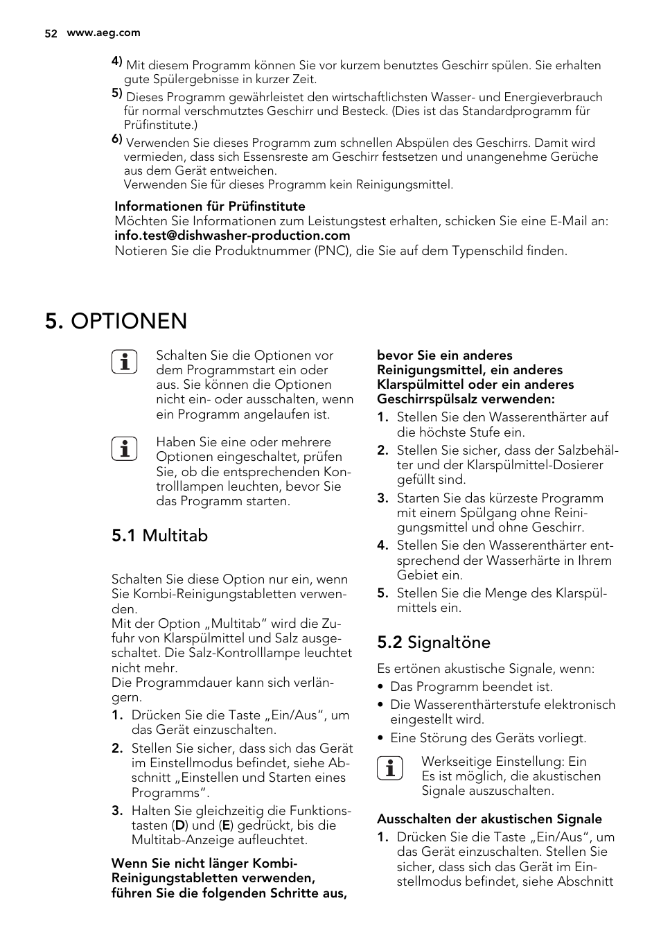 Optionen, 1 multitab, 2 signaltöne | AEG F55002VI0P User Manual | Page 52 / 64