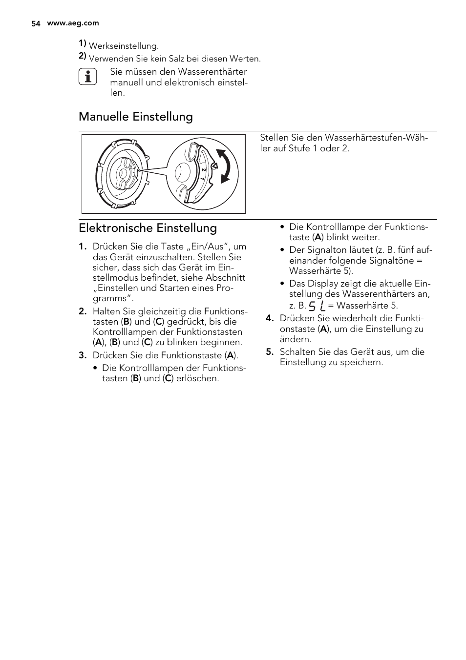Manuelle einstellung, Elektronische einstellung | AEG F55002VI0P User Manual | Page 54 / 64