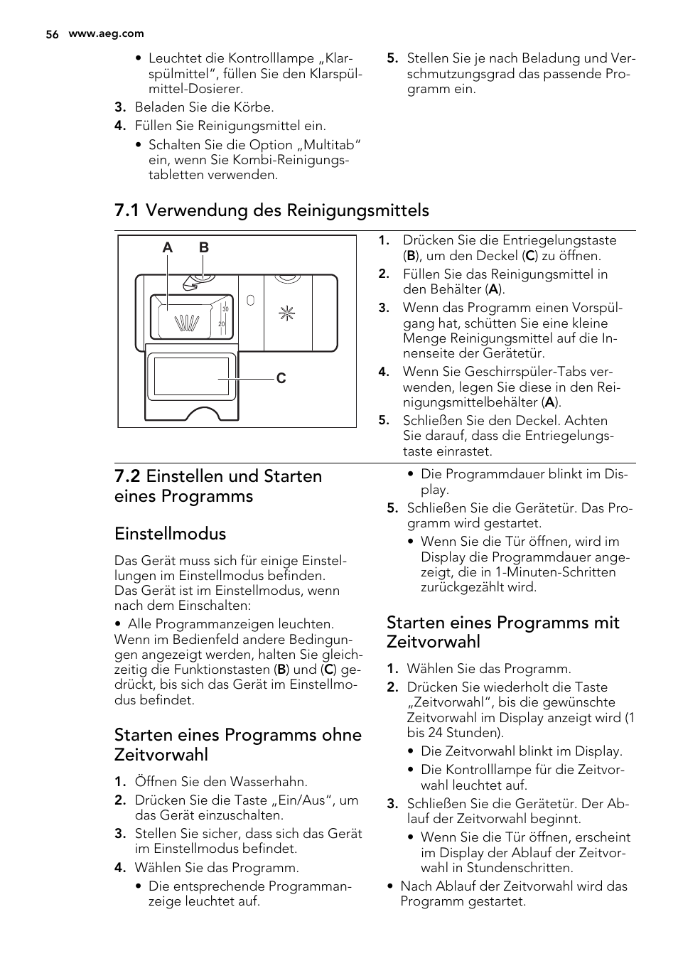 1 verwendung des reinigungsmittels, Starten eines programms ohne zeitvorwahl, Starten eines programms mit zeitvorwahl | AEG F55002VI0P User Manual | Page 56 / 64