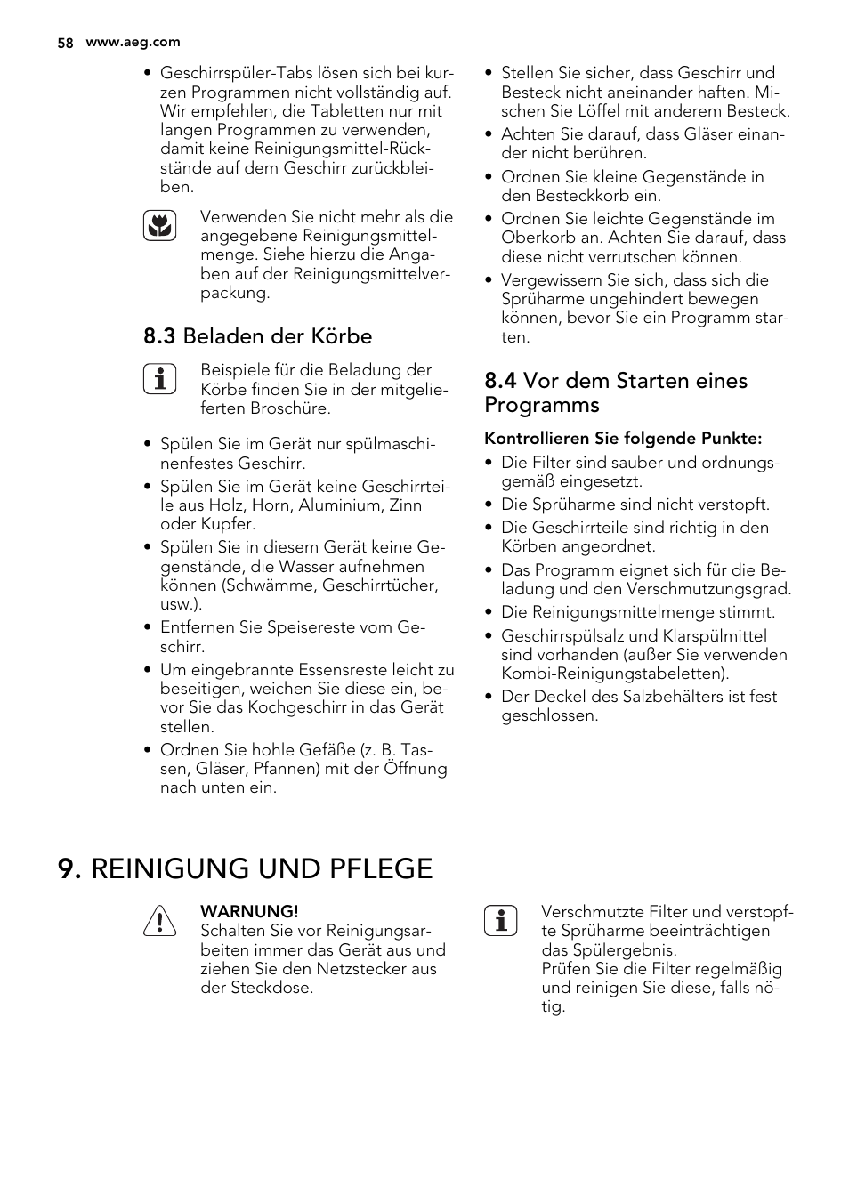 Reinigung und pflege, 3 beladen der körbe, 4 vor dem starten eines programms | AEG F55002VI0P User Manual | Page 58 / 64