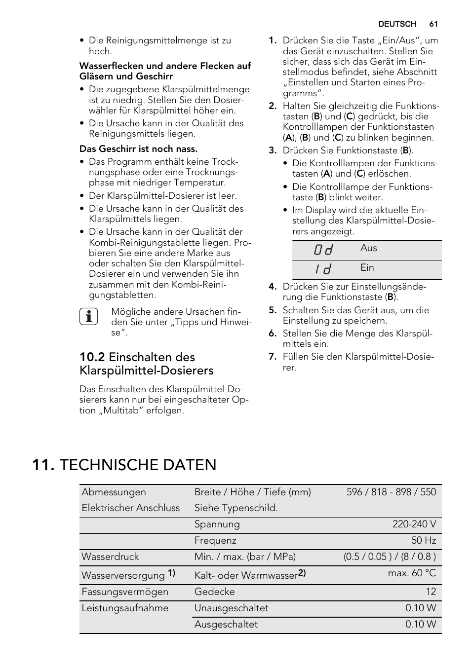 Technische daten, 2 einschalten des klarspülmittel-dosierers | AEG F55002VI0P User Manual | Page 61 / 64